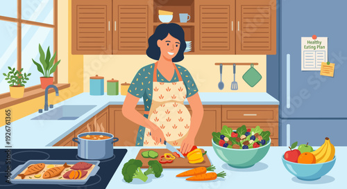 Smiling pregnant woman wearing an apron cooks a healthy meal in a cozy kitchen, chopping fresh vegetables for a salad with baked fish and soup on the stove