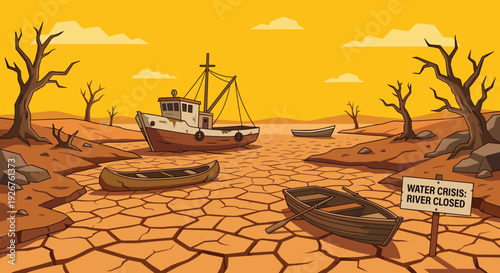 Large fishing boat and smaller wooden vessels are stranded on a parched, cracked riverbed, with a "Water Crisis: River Closed" sign under a desolate orange sky