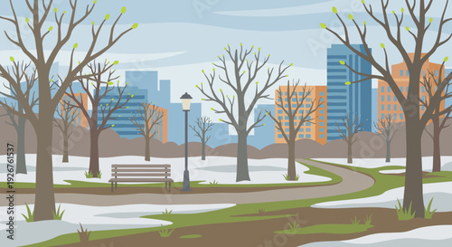 Early spring city park vector illustration with budding trees, melting snow on the ground, a winding path, a bench, and a modern urban skyline