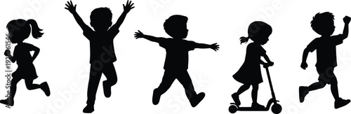 Playful children silhouettes isolated on white background, kids running, jumping and riding scooter in active poses, black vector clipart set