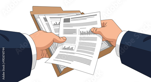 Two hands wearing dark blue business suit sleeves hold open a brown folder containing multiple white paper documents with printed bar charts and text.