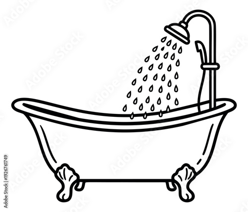 Hand drawn line art illustration of a bathtub and shower depicting water falling for bathroom hygiene