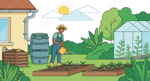 Gardener watering young plant seedlings with collected rainwater from a barrel in a sunny backyard garden, illustrating sustainable living and water conservation