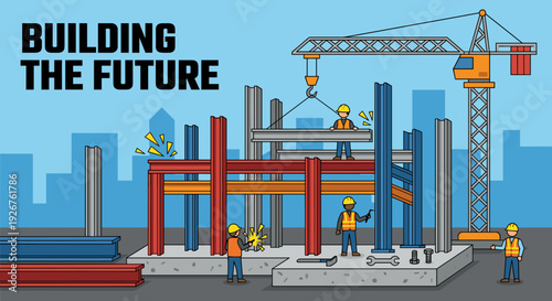 Colorful flat vector illustration of builders working on a construction site, with a large tower crane lifting steel beams to construct a new modern building against a city skyline