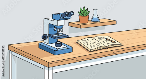 Blue microscope on a wooden desk next to an open notebook with scientific formulas in a clean, hand-drawn illustration style representing education and research