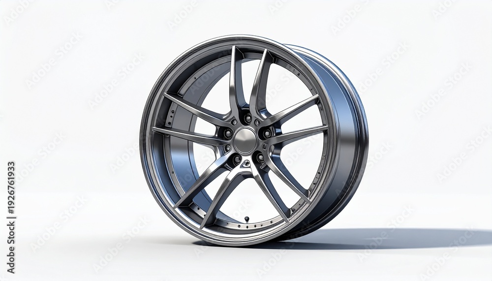 Fototapeta premium Sleek modern cast aluminum alloy vehicle wheel featuring a multi-spoke design with polished finish, perfect for automotive concepts, vehicle part advertisements, and industrial engineering presentatio
