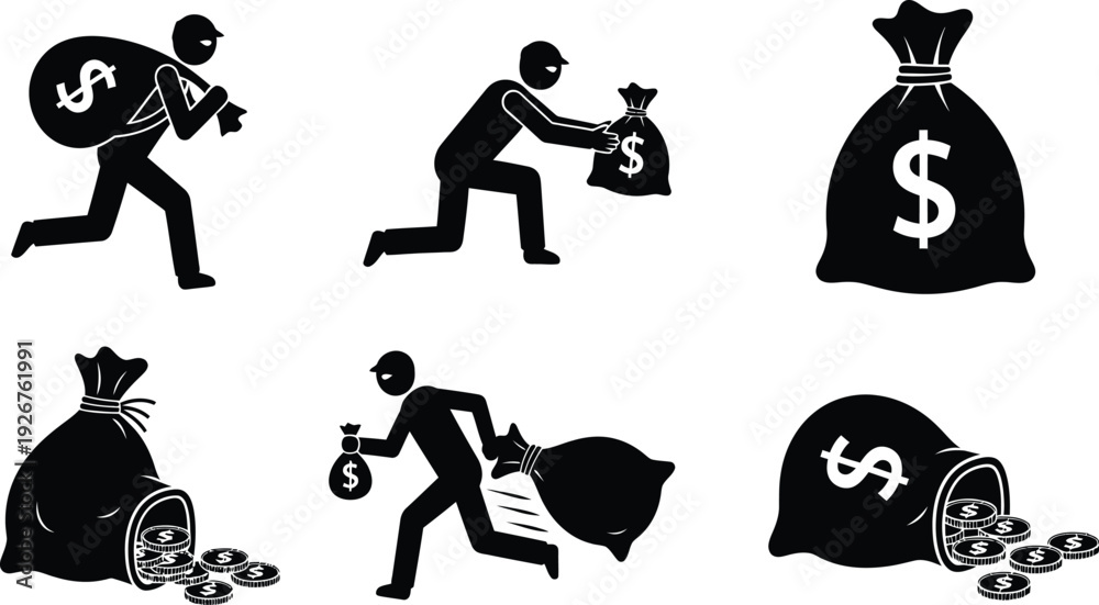 Φωτογραφία Black Vector Icon Set Featuring Thief Silhouettes Stealing Money Bags With Dolla