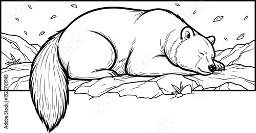 Sleeping wolverine line art illustration in mountain landscape for coloring book page isolated on white background for kids and adults.