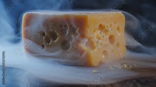 A block of cheese sits amidst wisps of smoky, white vapor against a dark, blurred backdrop