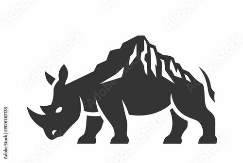 A majestic rhinoceros silhouette seamlessly merged with a rugged mountain peak, symbolizing strength and nature's grandeur