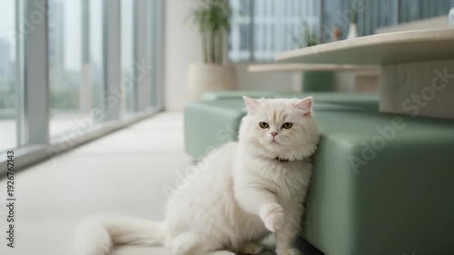 Wallpaper Mural White Persian Cat in Modern Interior, Raising Paw Torontodigital.ca