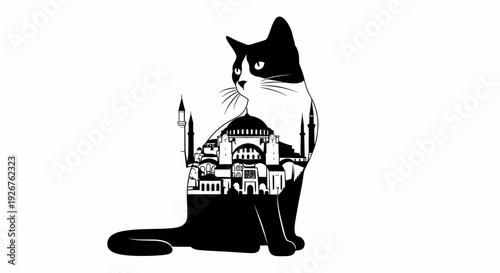 Elegant black and white cat illustration featuring an iconic city mosque silhouette, symbolizing cultural heritage and feline grace within an urban landscape