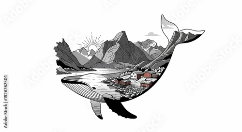 Whale silhouette encompassing a serene Nordic landscape with majestic mountains, a tranquil fjord, and a charming village under a stylized rising sun