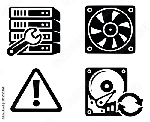 Flat computer service icon set featuring server maintenance, cooling fan, warning sign and hard drive data recovery for IT support