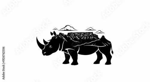 Stylized black and white illustration of a rhinoceros with a majestic mountain range on its back, symbolizing African wildlife and iconic landscapes