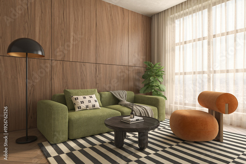 Mid century style conceptual dopamine interior room 3d illustration