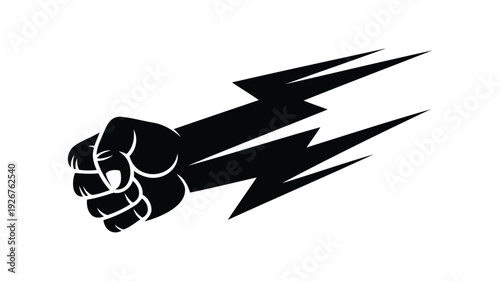 Black fist silhouette punching through lightning bolts on white background