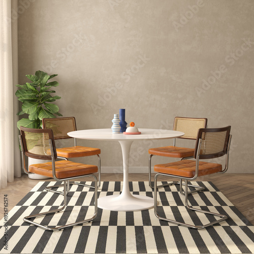 Mid century style conceptual dopamine interior room 3d illustration