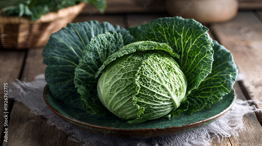 Fototapeta premium Fresh Savoy Cabbage on Rustic Plate and Wooden Table