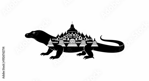 A Komodo Dragon with a Temple City on its Back, Symbolizing Ancient Cultures and Mystical Beasts in a Surreal Landscape