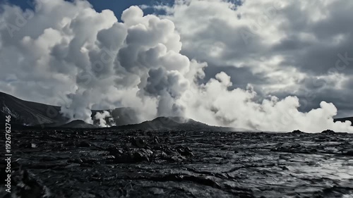 Volcanic landscape with billowing steam and dark, cracked terrain under a cloudy sky