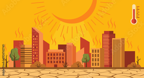 Vector illustration of an urban cityscape suffering from an intense heatwave with a large sun, high temperature thermometer, and cracked dry ground representing climate change