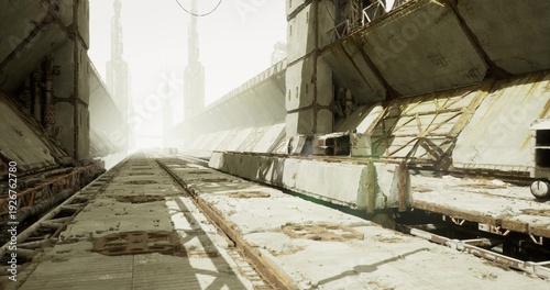 Foggy dystopian platform with cargo shuttle lane, long concrete passage washed in soft diffuse light, twin towers faint on horizon, scattered service crates