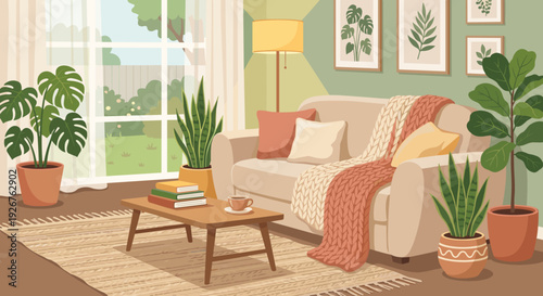 Cozy living room interior with a comfortable sofa, potted plants, and coffee table by a large window with natural light, creating a warm and relaxing home atmosphere