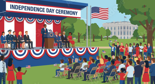 Patriotic national holiday ceremony with a political leader speaking from a decorated stage to a diverse crowd of citizens waving flags on a green lawn