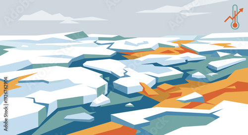 Geometric melting ice floe illustration depicts a fragmented arctic landscape with open water and exposed land, featuring a thermometer icon with an upward arrow, symbolizing global warming