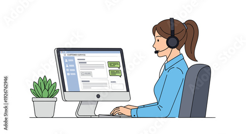 A woman wearing a headset sits at a desk and types on a keyboard while looking at a computer monitor showing a customer service chat interface.