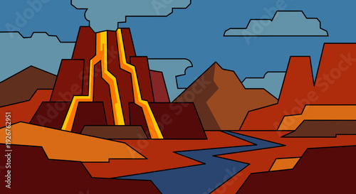 Stylized flat design vector illustration of an erupting volcano with hot lava flowing through a rocky canyon landscape with a river under a cloudy sky