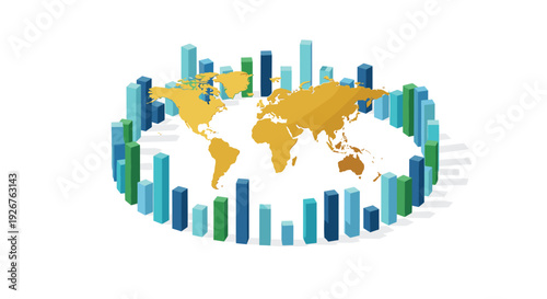 A golden world map is surrounded by a circular arrangement of multi-colored vertical bar charts on a white background.