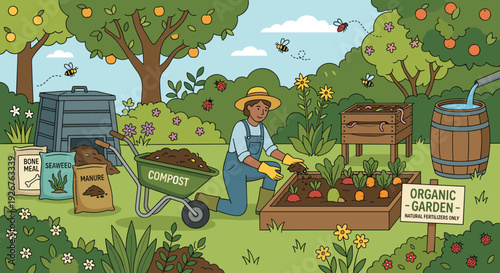 Colorful illustration of a woman gardening organically in a lush backyard, using compost from a wheelbarrow for a raised vegetable bed with sustainable elements like a rain barrel