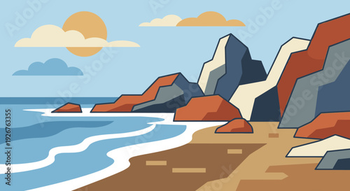 Minimalist vector illustration of a rocky coastline with a sandy beach and calm ocean waves under a sunny blue sky with clouds, a serene and scenic nature landscape in a flat design style