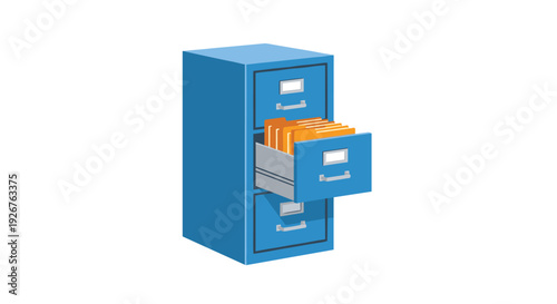 A light blue three-drawer metal filing cabinet features an open drawer containing five orange folders on white ground.
