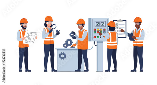 Five industrial workers in orange safety vests and hard hats operate machinery and review plans on a white background.