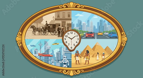Conceptual illustration of historical eras through time showing ancient, past, present, and future civilizations inside an ornate golden frame with a central clock