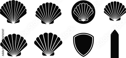 Set of black icon symbols including seashells and shield