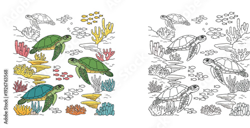 Colorful cartoon illustration of multiple sea turtles swimming amongst various fish and a diverse coral reef, depicting a lively underwater world.