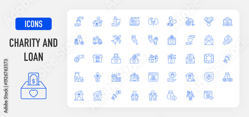 Charity and Loan icon. Loudspeaker, Donation, Volunteers, Protection, Kidney Transplant, Shake Hand, Location, Air Transportation, Ambulance, Animal Care, Blood Bottle vector.