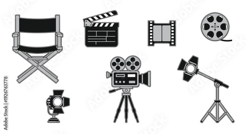 A collection of seven grayscale movie production icons including a director chair clapperboard and a film camera on a tripod isolated on a white background.
