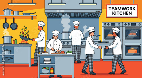 Team of professional chefs working together in a busy commercial restaurant kitchen, a flat vector illustration depicting collaboration, culinary arts, and the food service industry