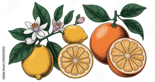 Vibrant Citrus Fruits and Blossoms A Vintage Botanical Illustration of Lemons and Oranges on a Branch
