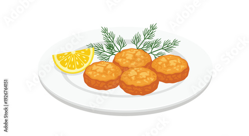 A perspective view of four golden brown fried nuggets on a white plate with a yellow lemon wedge and green dill sprigs on a white background.