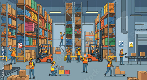 Warehouse illustration with diverse workers in safety gear operating forklifts, scanning packages, and moving boxes on a conveyor belt inside a large, organized distribution center