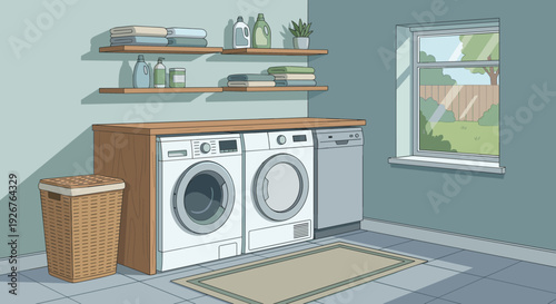Clean laundry room interior illustration with a washing machine, tumble dryer, wicker basket, and shelves holding folded towels and detergent bottles in a modern home utility space
