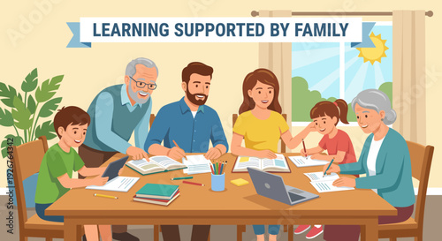Happy multi-generational family is learning together at a wooden table, with books, a laptop, and a tablet, depicted in a cheerful flat illustration style