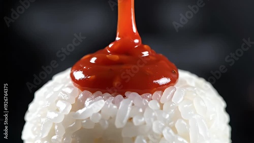Close-up of white rice with red sauce, seeds, and droplets against a black background