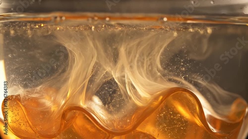 Abstract macro shot reveals amber-toned liquid in a translucent, textured container